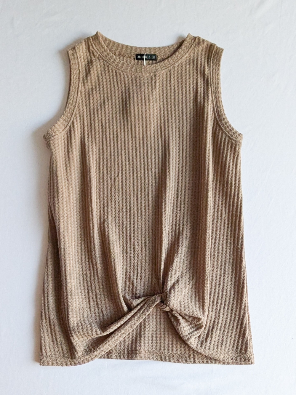 MIHOLL Women's Brown Solid Waffle Knit Round Neck Sleeveless Tank Top Size Sml